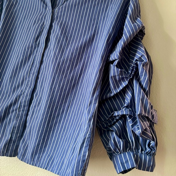 ASTR Puff Sleeves Blue & White Stripes Button Down Shirt Blouse V Neck Collar XS - Picture 3 of 5
